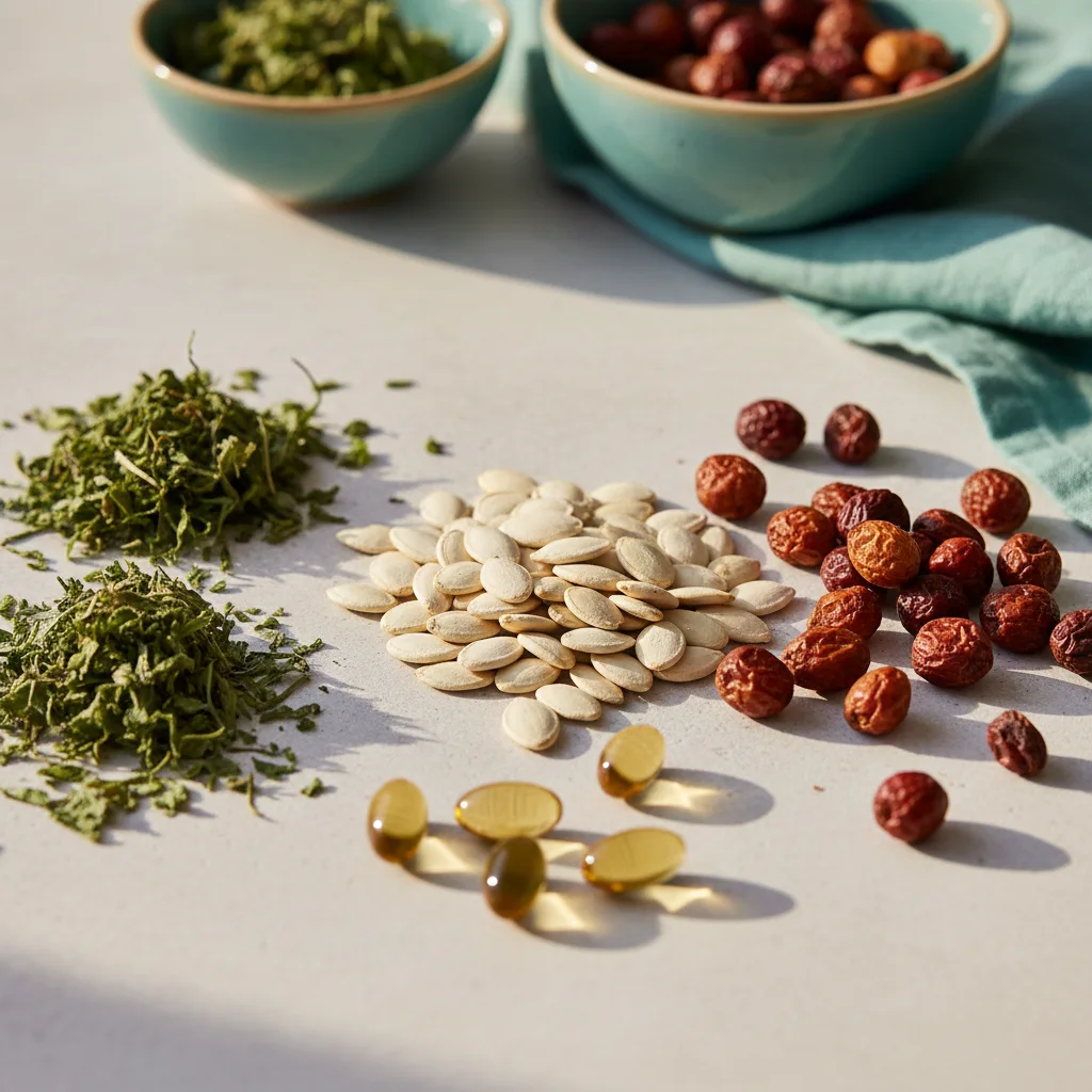 Flat-lay of natural plant ingredients including pumpkin seeds, saw palmetto berries and dried herbs - plant-based capsules for men's everyday wellness