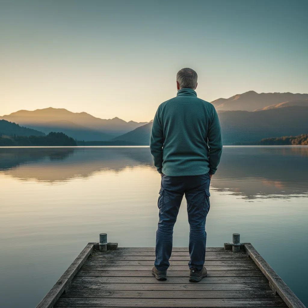 Man from behind overlooking a calm New Zealand lake - active men's wellbeing