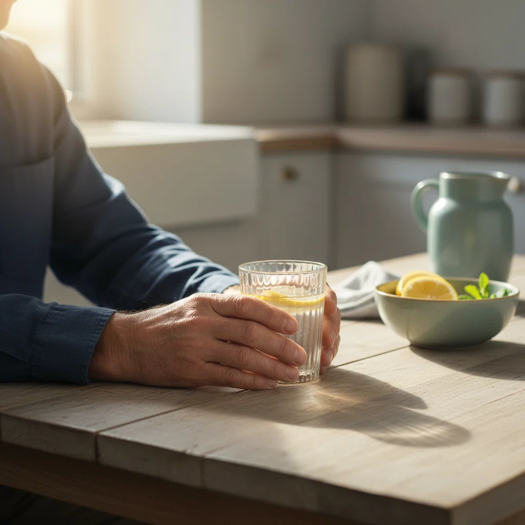 Hands holding a glass of water with lemon - morning wellness routine