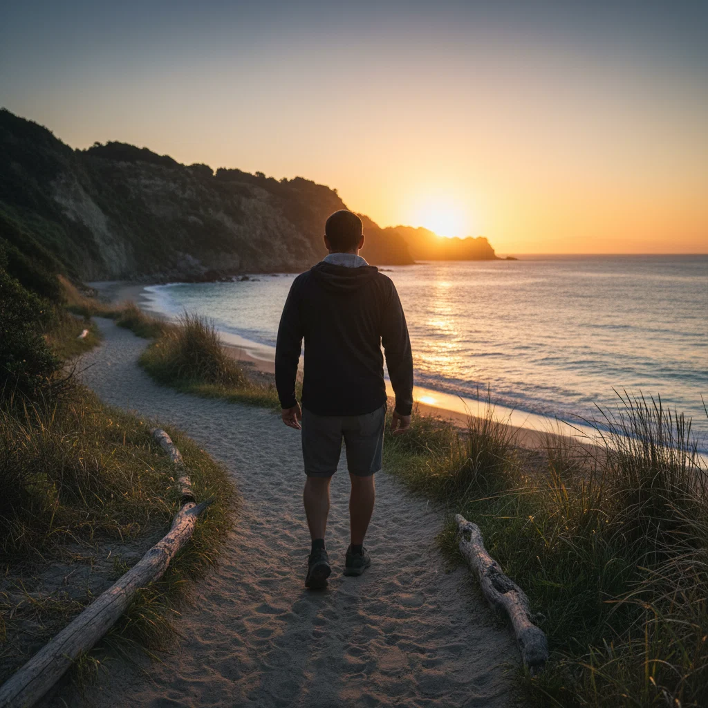 Anonymous man walking along a beach trail at sunrise - healthy pelvic circulation for active men