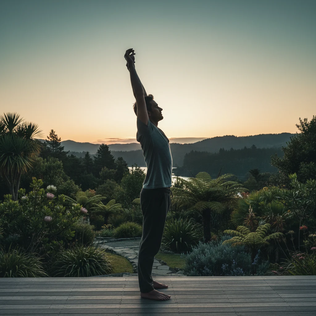 Man doing morning stretches on a deck overlooking a New Zealand garden
