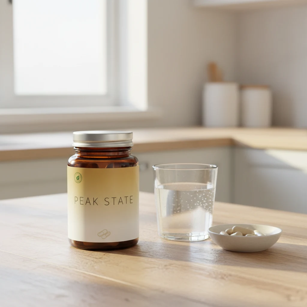 Peak State bottle on a wooden surface next to a glass of water and fresh herbs